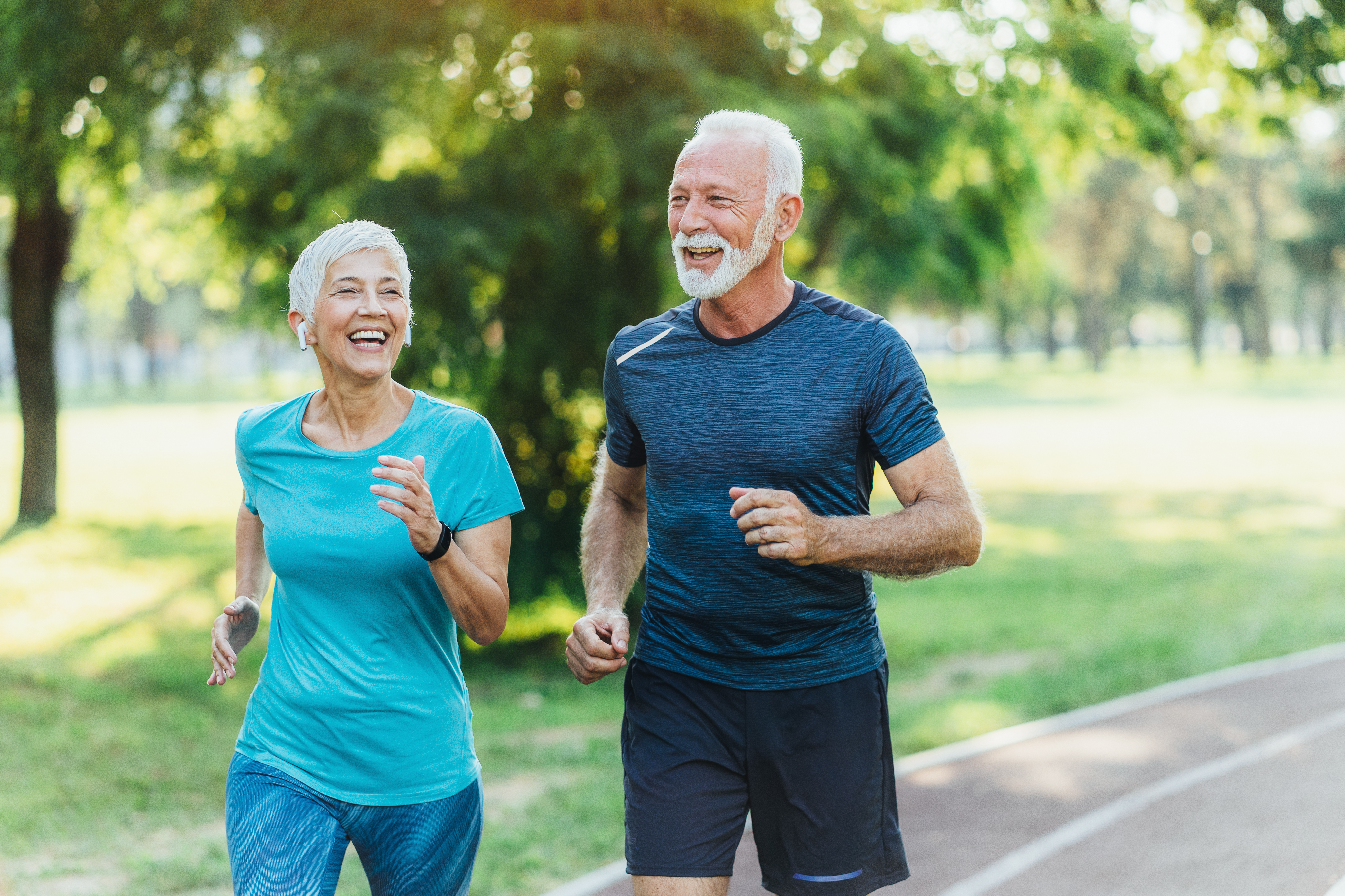 Two people jogging together